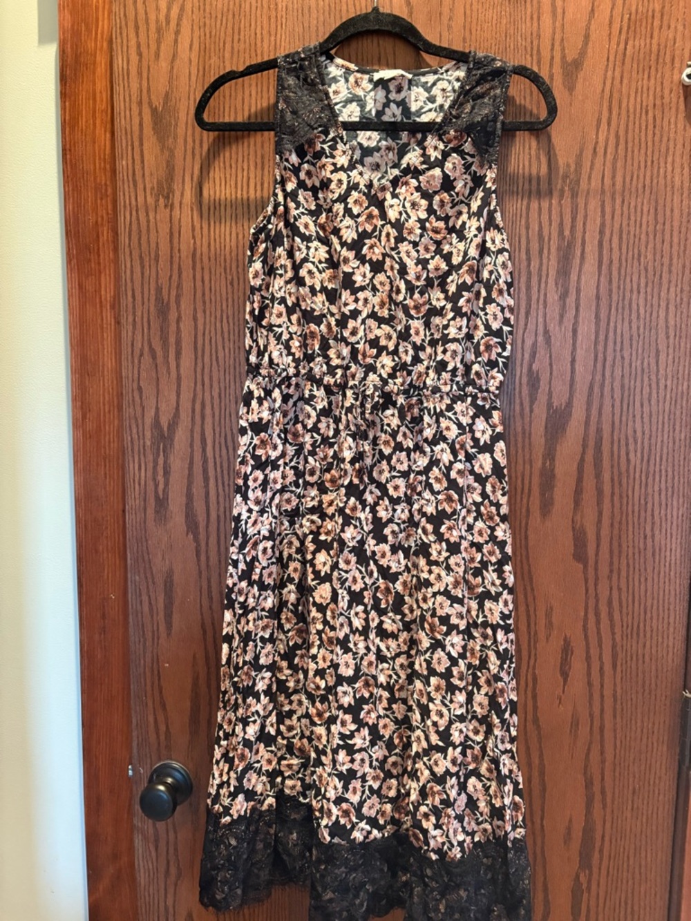 LOFT Black Floral Maxi Dress with Dusty Rose & Cream Blooms